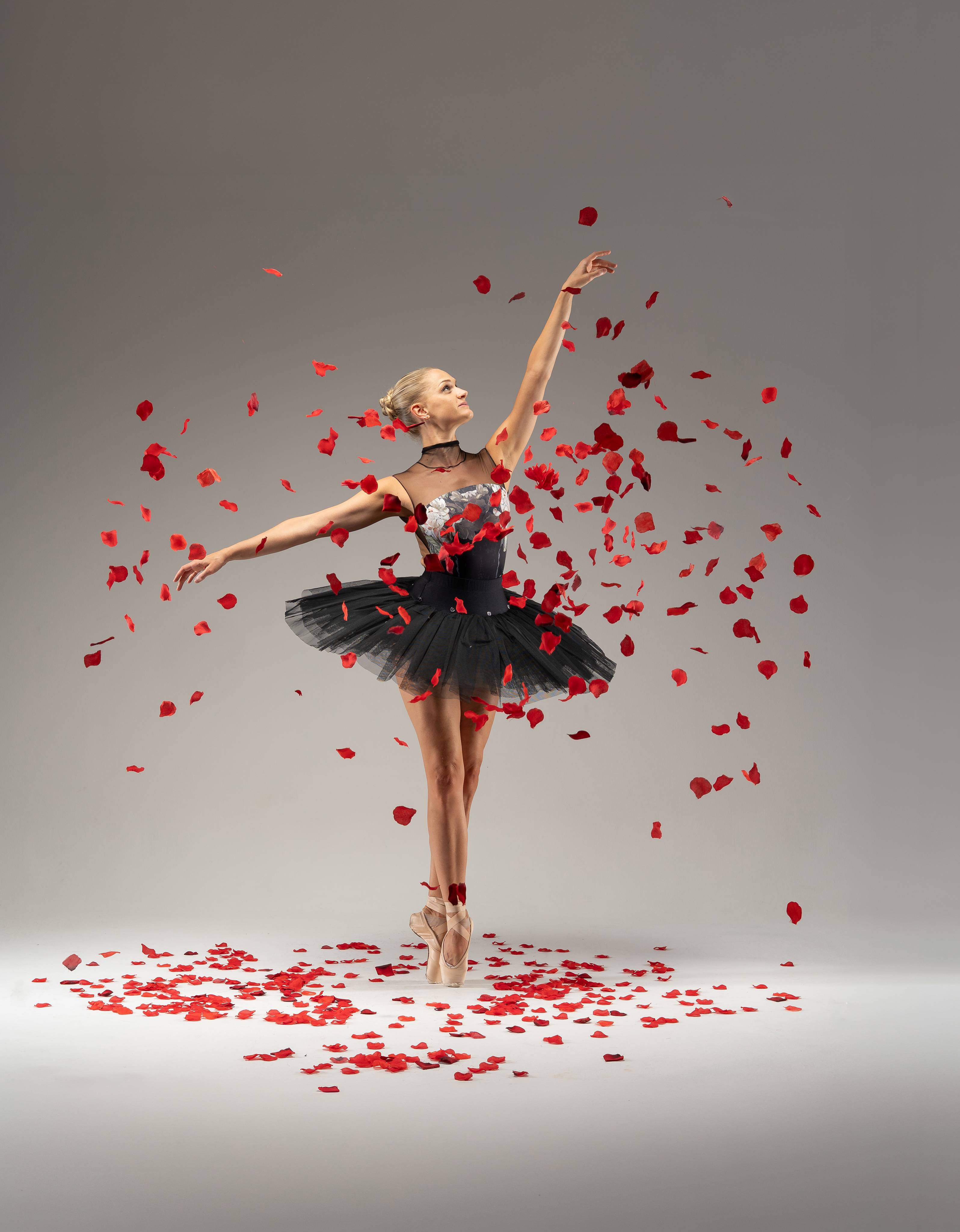 Ballerina mit roten Blütenblättern – Titelmotiv der Jubiläumsausstellung IM FOKUS
