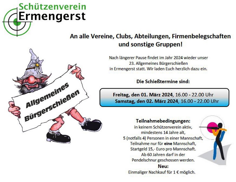 Einladung zum Bürgerschießen vom Schützenverein Ermengerst mit dem Luftgewehr.