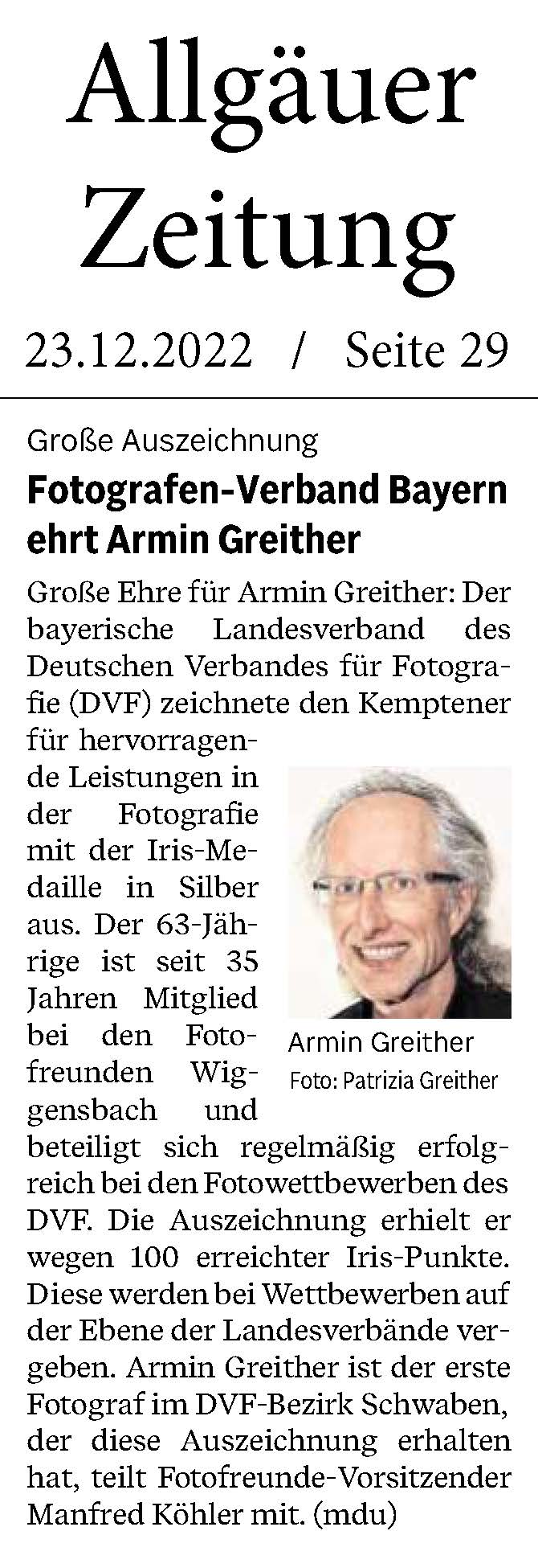 IRIS-Medaille in Silber für Armin Greither