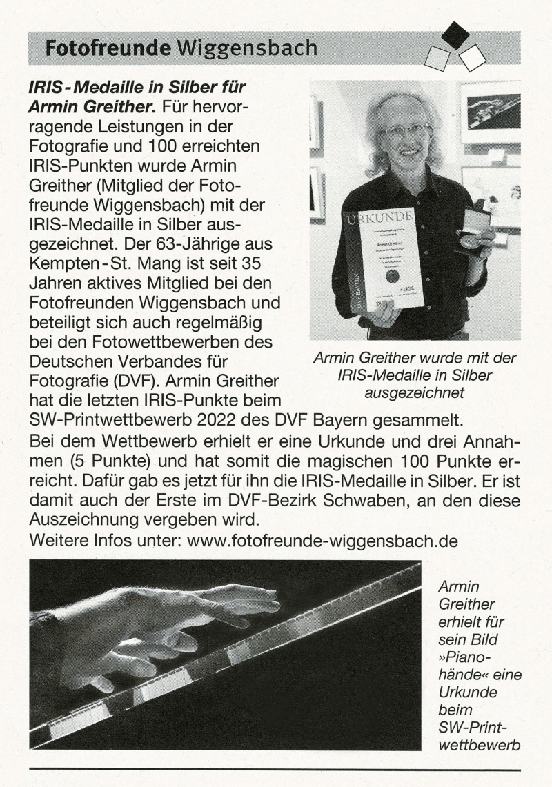 IRIS-Medaille in Silber für Armin Greither