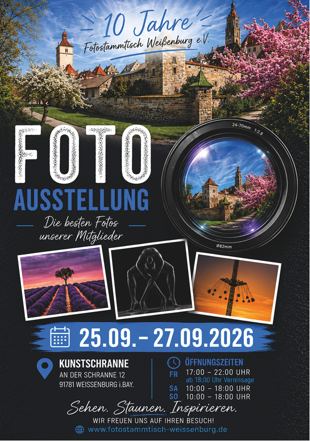 Flyer zur Jubiläumsausstellung 10 Jahre Fotostammtisch Weißenburg vom 25. bis 27. September 2026